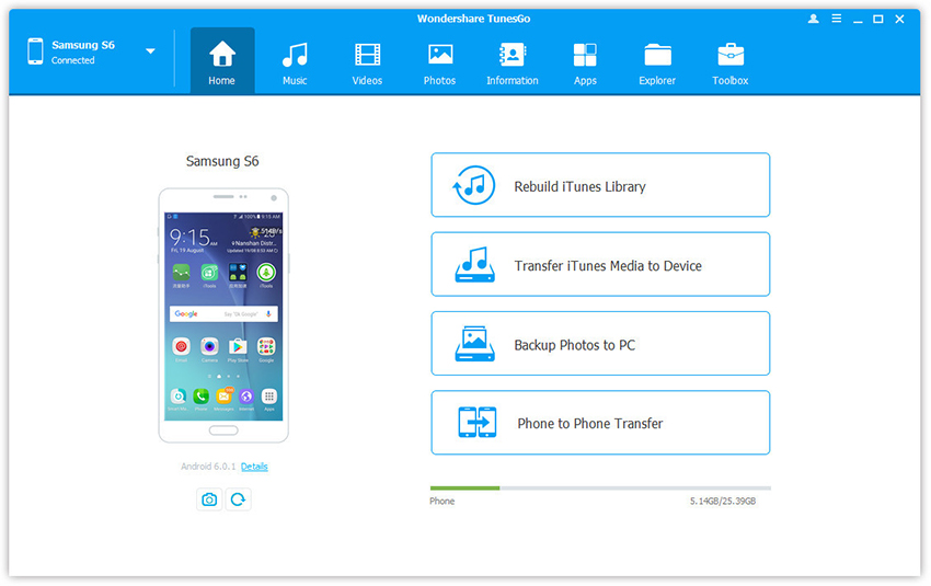 iTunes to Android Transfer main page