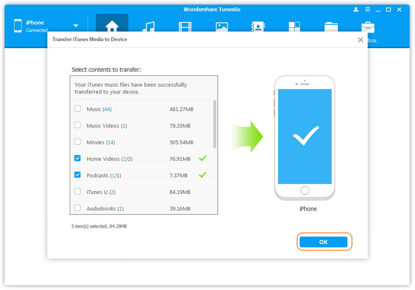 Transfer iTunes Music to iPhone - sync done