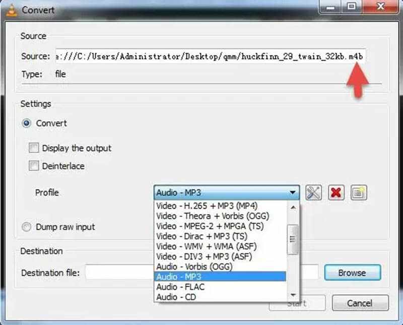 convert m4b to mp3 via vlc