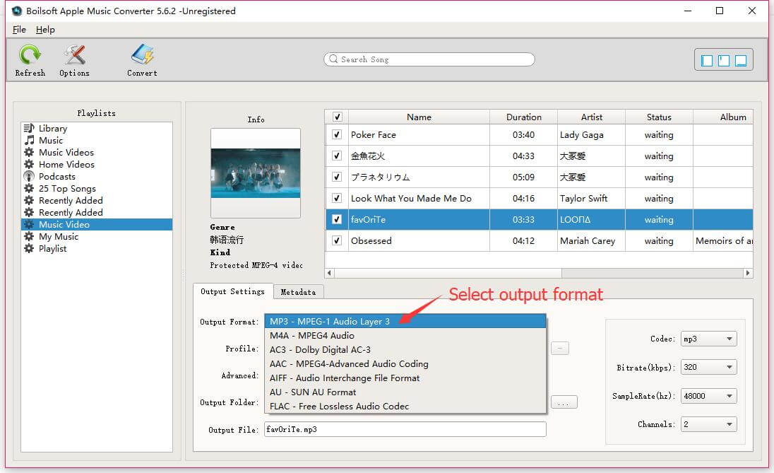 set mp3 as output format